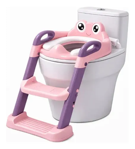 Assento Redutor Infantil Para Vaso Sanitário Com Escada Rosa E Alças Seguras