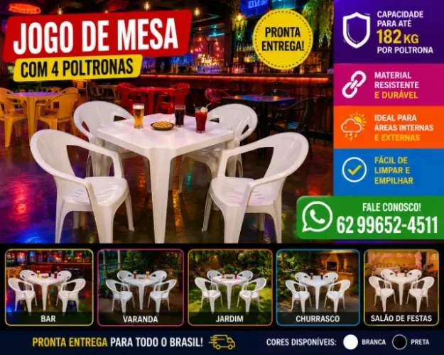 JOGO DE MESA COM 4 POLTRONAS DE PLATICO