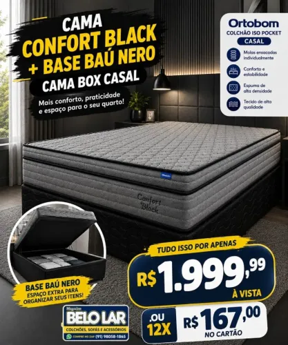 CAMA CONFORT BLACK + BASE BAÚ NERO ? ORTOBOM