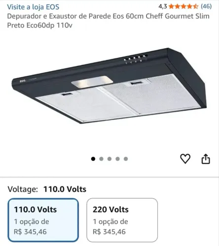Novo Depurador e Exaustor de Parede Eos 60cm Cheff Gourmet Slim Preto Eco60dp 110v