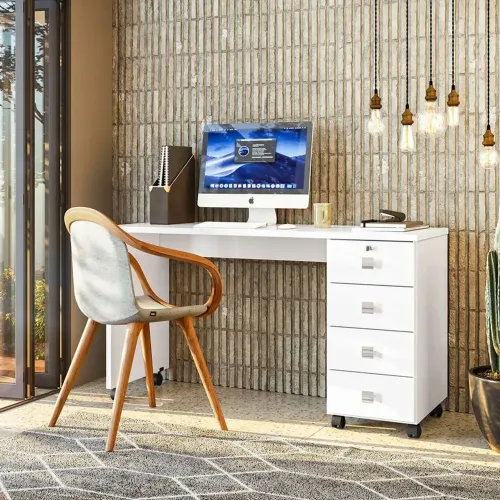 Escrivaninha Home Office 4 Gavetas 1 Gaveta com Chave e Rodízios Branco Lukaliam Dubai<br>