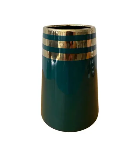 Vaso Decorativo Verde Cerâmica com Listras Douradas 19cm