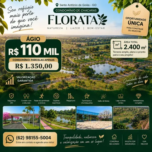 Ágio Florata | Terreno 2.400m² em Condomínio de Chácaras - Santo Antônio de Goiás