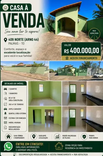 Vendo casa residencial bem localizado na 409 norte próximo ao supermercado quarteto 