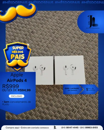 APPLE AIRPODS 4, SEM O CANCELAMENTO DE RUÍDO, LACRADO, EXCLUSIVO!