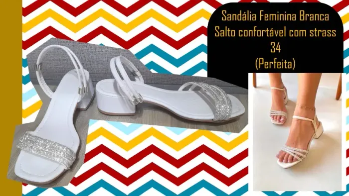 Sandália Feminina Branca Salto confortável com strass 34