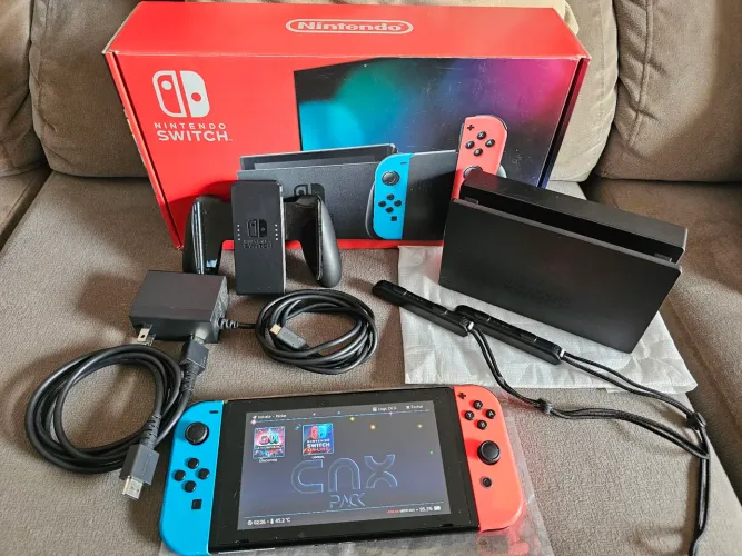 Nintendo Switch V1 COMPLETO DESBLOQUEADO SD 128 GB C 20 JOGOS