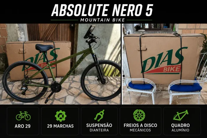Bike Absolute "17, Aro 29, 29 Marchas, Freio a Disco, Cor Verde Oliva, Desmontada na Caixa
