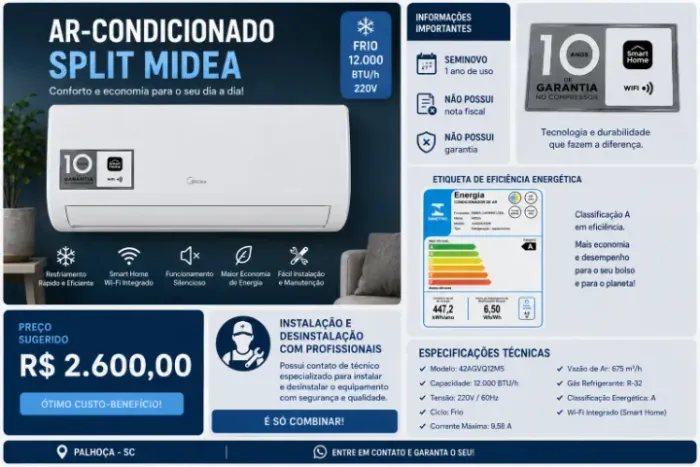 Ar-Condicionado Split Midea 12.000 BTUs Wi-Fi | Seminovo