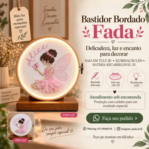 Quadro luminária em bastidor com nome bordado para decoração, 