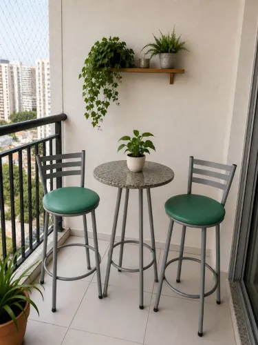 Banquetas altas de metal com assento verde - ideal para varanda ou balcão