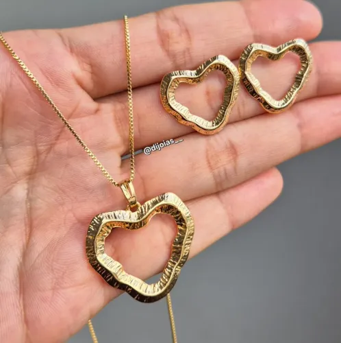 Conjunto Colar Brincos Banhado a Ouro Presente Dia dos Namorados joias douradas 