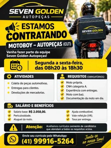 VAGA DE MOTOBOY COM EXPERIÊNCIA CLT SEG Á SEXTA MOTO PRÓPRIA