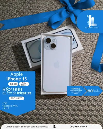 IPHONE 15, 5G, 128GB, CHIP FÍSICO, AZUL, BAT 91%, SEMINOVO, EXCLUSIVO!