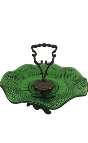 Fruteira Centro de Mesa em Vidro Moldado e Bronze Antigo Vintage (usado)