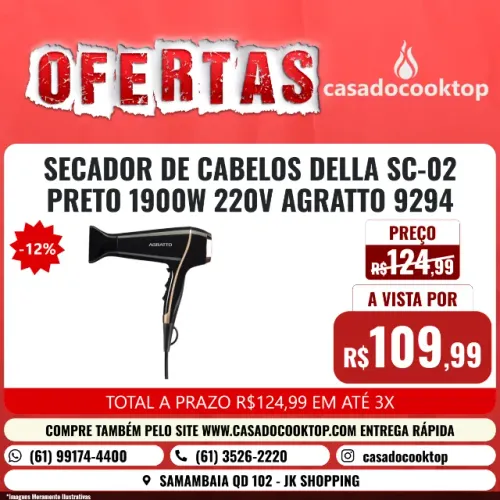 SECADOR DE CABELOS DELLA SC-02 PRETO 1900W 220V AGRATTO 9294