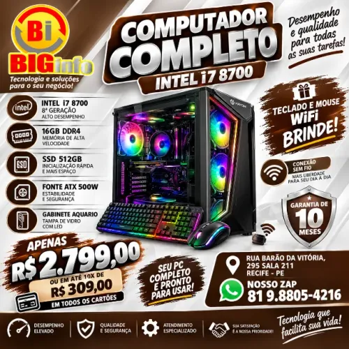 Computador Intel i7 8700 16 Gb Ddr4  SSD 500 Gb Teclado e Mouse WIFI - Em ate 10x Fixas