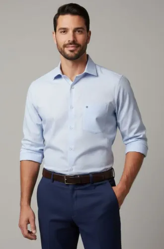 Camisa social trabalho masculina listrado fino azul e branco