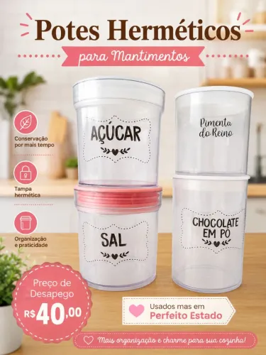 Potes Herméticos | Porta Mantimentos | Acrílico Personalizados | Kit com 4 | Perfeitos