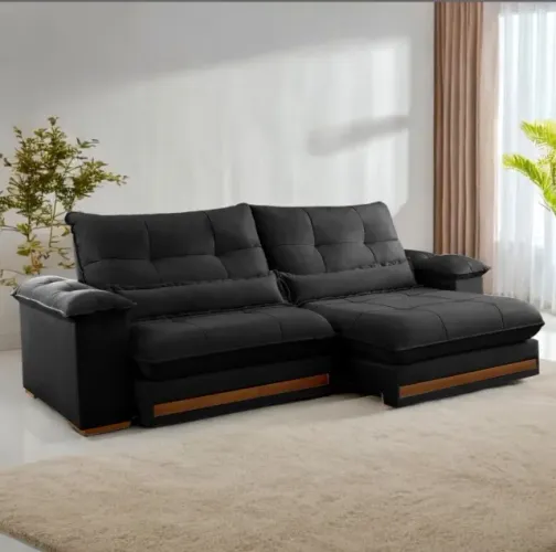Sofá Retrátil Reclinável Veludo Preto 2,50m Linha Majesty Comfort