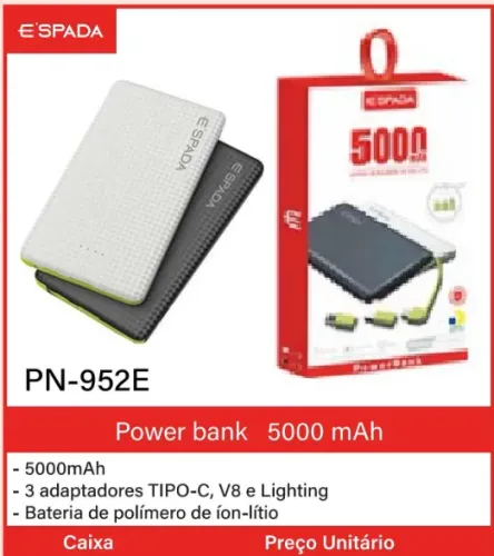 CARREGADOR PORTATIL POWER BANK 5000 MAH E SPADA PN-952E