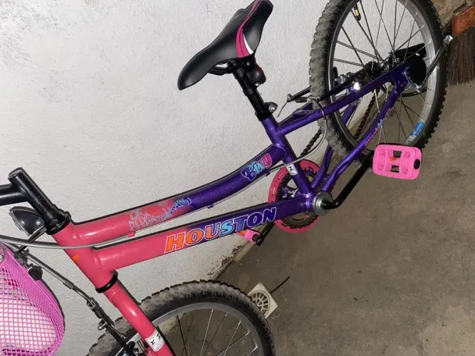 Bicicleta Infantil Aro 20 Houston Bixy - Rosa Pérola e Roxo com Cestinha Freio V-Brake