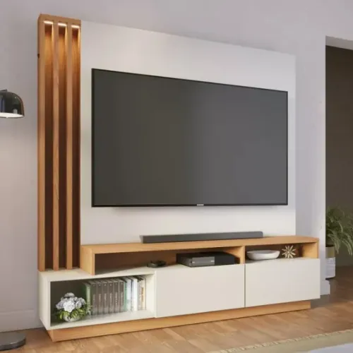 Estante Home Médio Para Tv De Até 65 Polegadas Com Led Ripado Na Madeira Freijó/Off White 