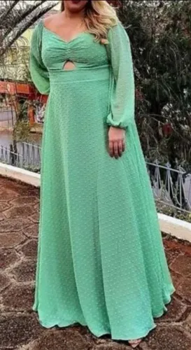 Vestido Longo Verde com Detalhe em Poá