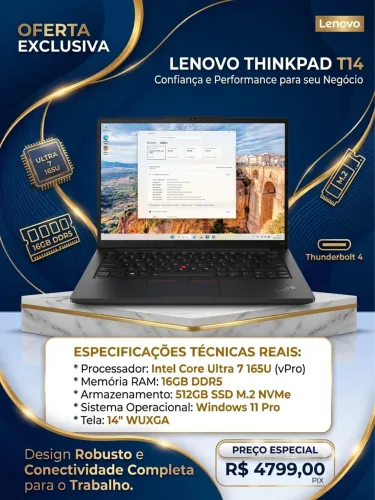 NOTEBOOK LENOVO T14 Ultra 7 165U 16GB DDR5 SSD 512GB M2 
