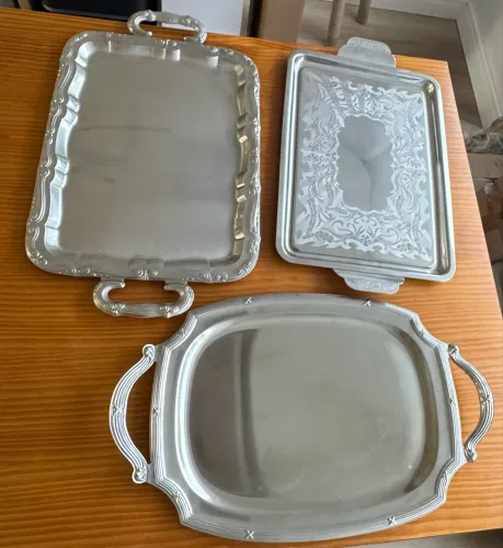 Kit 3 Bandejas Vintage em Inox com Alças - Metal Prateado Estilo Clássico
