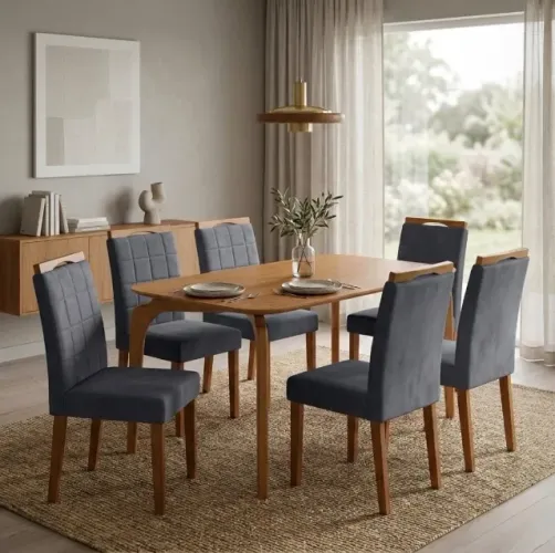 Conjunto de Jantar Malibu 160 com 6 Cadeiras em Veludo Grafite