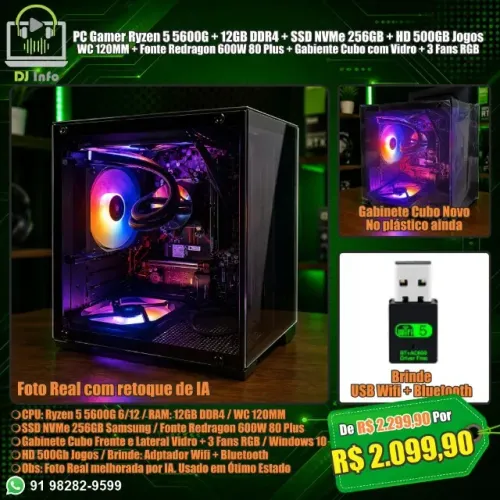 PC Gamer Ryzen 5 5600G Ram 12GB SSD NVMe 256GB HD 500GB Jogos WC 120MM Fonte 600W Gabiente