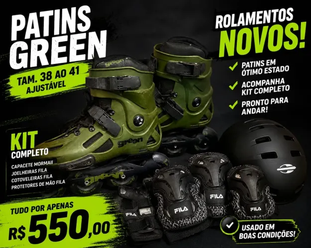 Patins Green Inline + Kit Completo de Proteção Fila + Capacete Mormaii |