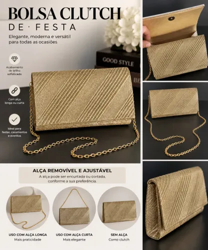 Bolsa de festa tipo clutches dourada e texturizada com alça