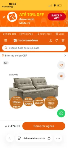 Sofá Retrátil e reclinável 2,50 metros - Bergamo