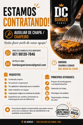 VAGA EMPREGO - CHAPEIRO COM OU SEM EXPERIÊNCIA