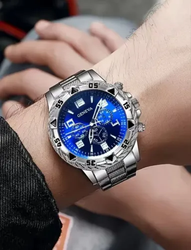 Relógio de Pulso Geneva Bonito e Estiloso Casual Prata Azul Pulseira de Liga Alumínio 