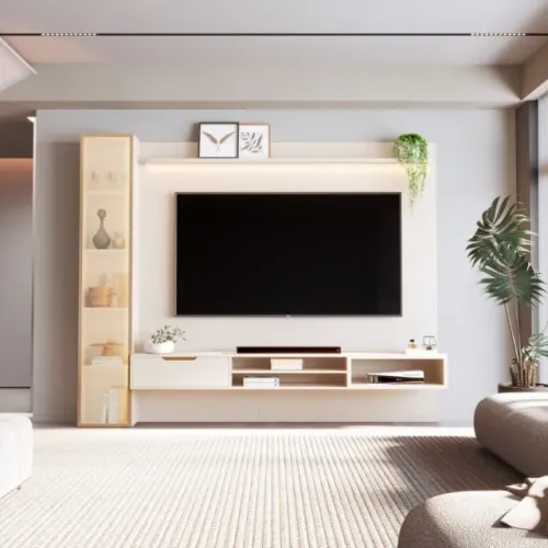PAINEL LISO MODULAR TUCUMA C/ PRATELEIRA, LED , NICHO E TORRE          