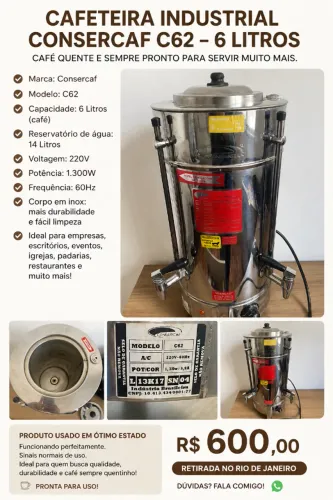 Cafeteira Industrial Consercaf C62 6 Litros Inox 220V - R$ 600