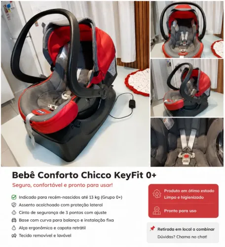 Bebê conforto Chicco com base, em bom estado de conservação, capota, alças e cinto funcion