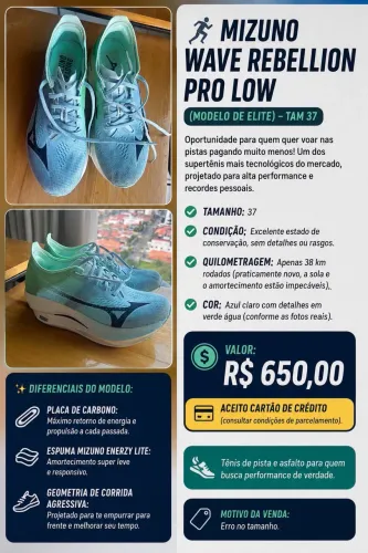Mizuno Wave Rebellion Pro Low (Modelo de Elite) - Tam 37