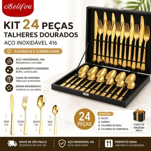 Achadinho da Shopee! Kit 24 Talheres Dourados em Aço Inoxidável - Caixa de Madeira