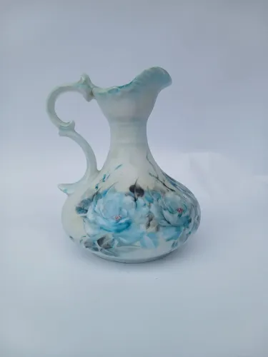 Jarro Decorativo Antigo em Porcelana 15cm - Pintura Manual Flores Azuis