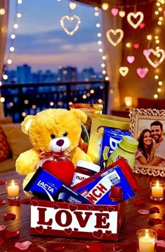 Cestas. Linda Cesta Cartonada Love Com URSINHO e Chocolates R$:239,99