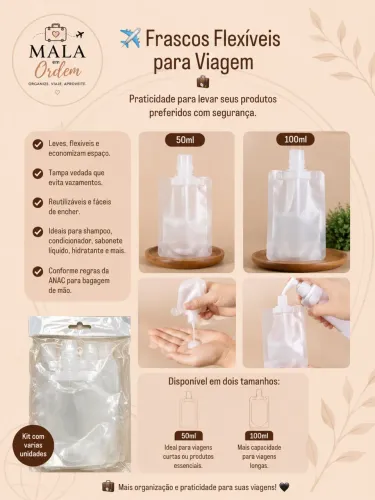 Frascos Reutilizáveis para Shampoo e Cosméticos de Viagem