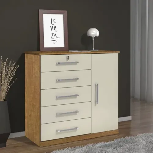 Cômoda Vane Cinamomo/Off 5 Gavetas 1 Porta JL Móveis - Entrega Rápida!