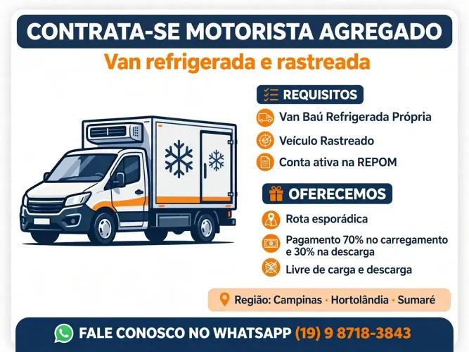 CONTRATA-SE MOTORISTA COM VAN REFRIGERADA E RASTREADA