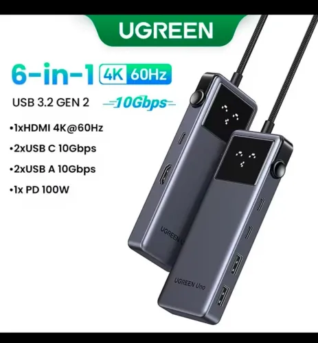Ugreen USB C Hub 6 em 1, Hdmi 4k 60hz, USB 10Gb USB3.2, Adaptador d Celular laptop,Macbok
