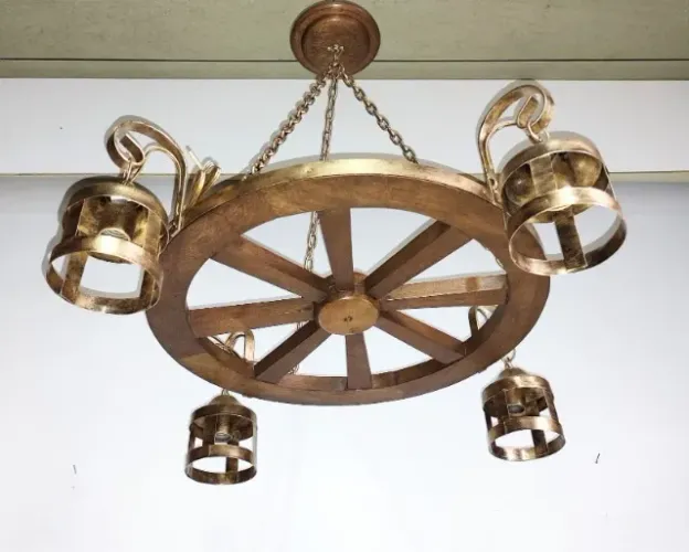 Lustre Roda Rústica Leve 50cm Madeira Maciça C/ 4 Bocais