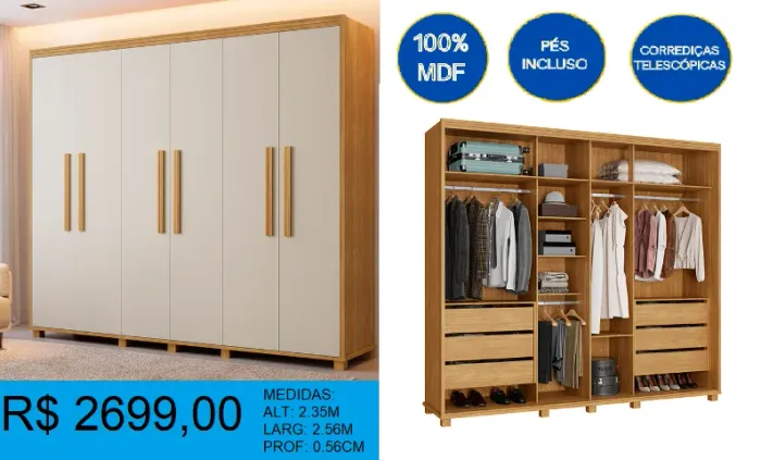 Roupeiro 6 portas 100% MDF - Espaço interno super bem dividido